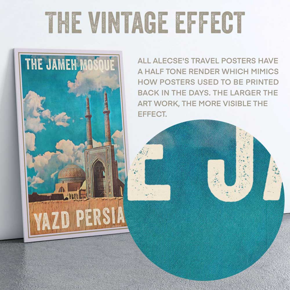 Close-up view of the half-tone texture in the Yazd poster, enhancing its vintage charm.