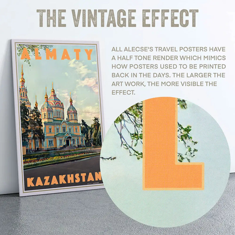Close-up showing half-tone vintage print texture on Alecse’s Almaty travel poster