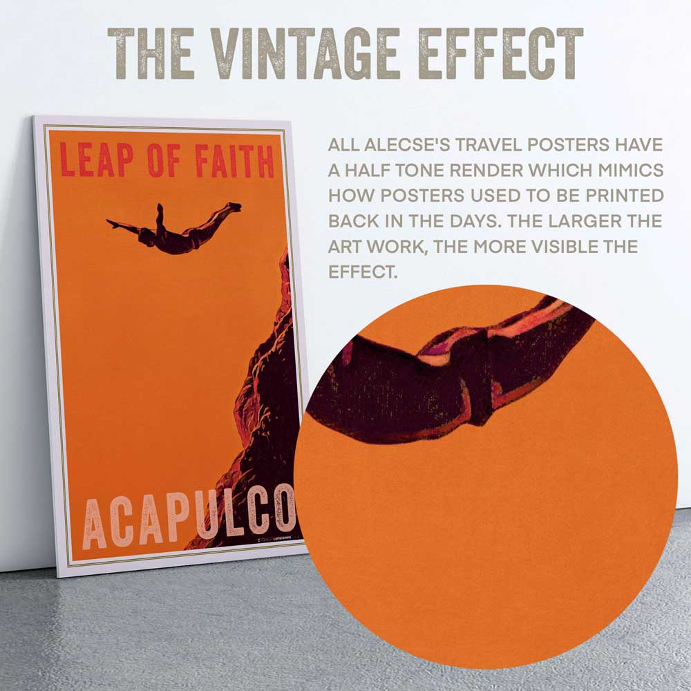 Detail of the half-tone texture in Alecse's 'Leap of Faith' Acapulco poster, a nod to classic vintage poster aesthetics