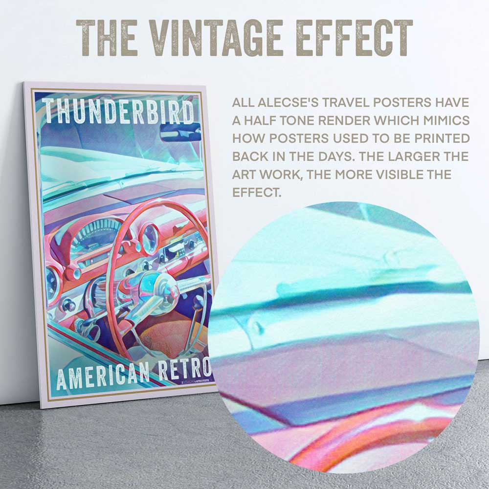Gros plan de l'effet demi-teinte vintage sur l'affiche Thunderbird en édition limitée d'Alecse, soulignant le style artistique rétro