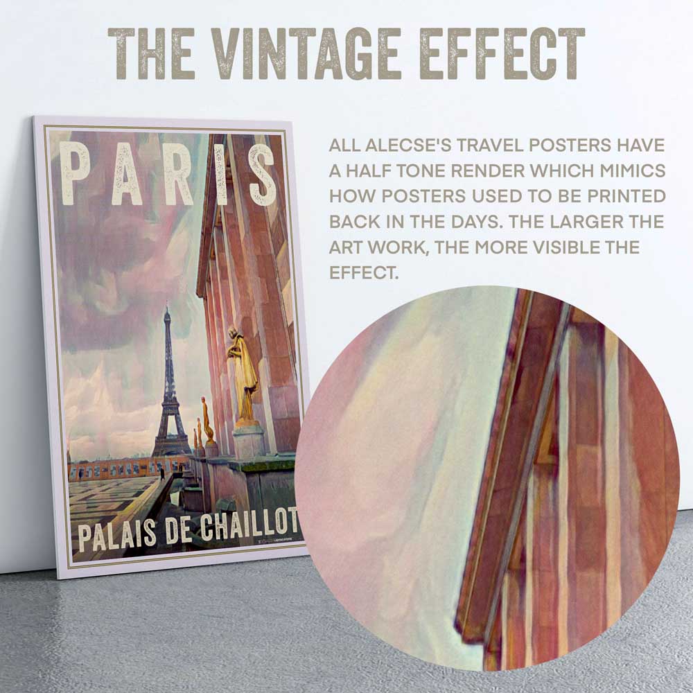 Macro view of the Trocadéro poster’s, showcasing Alecse’s unique half-tone render, characteristic of his vintage-style posters