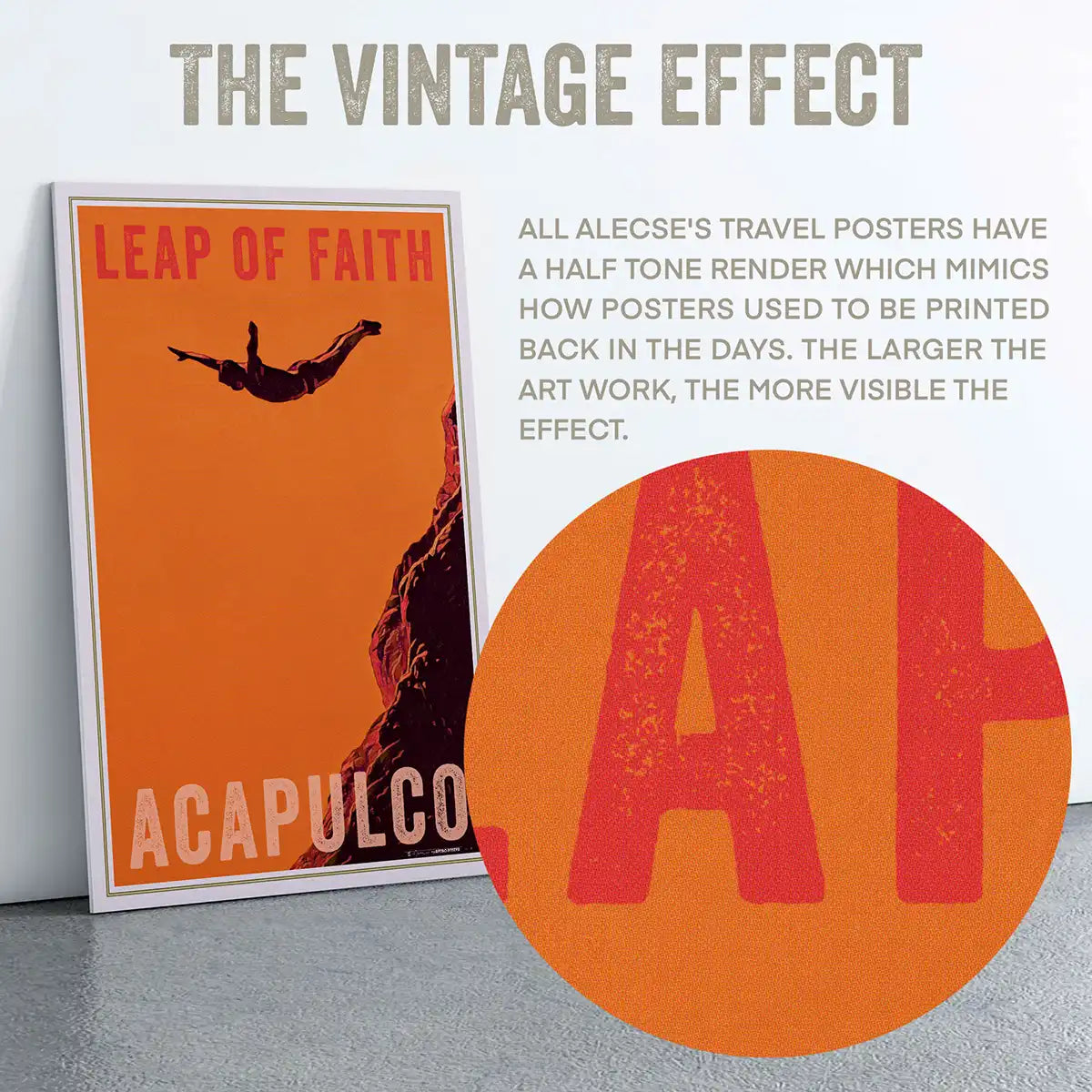 Macro shot of the halftone print effect on the word “Acapulco” from the limited edition poster.