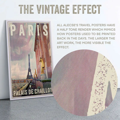 Macro view of the Trocadéro poster’s, showcasing Alecse’s unique half-tone render, characteristic of his vintage-style posters