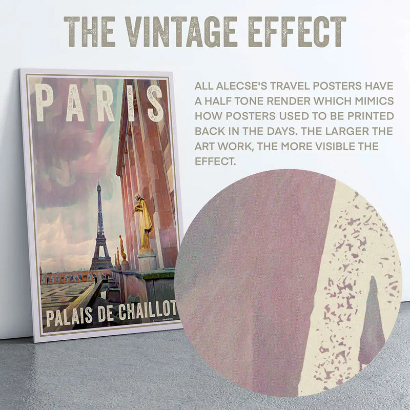 Macro view of the Trocadéro poster’s, showcasing Alecse’s unique half-tone render, characteristic of his vintage-style posters