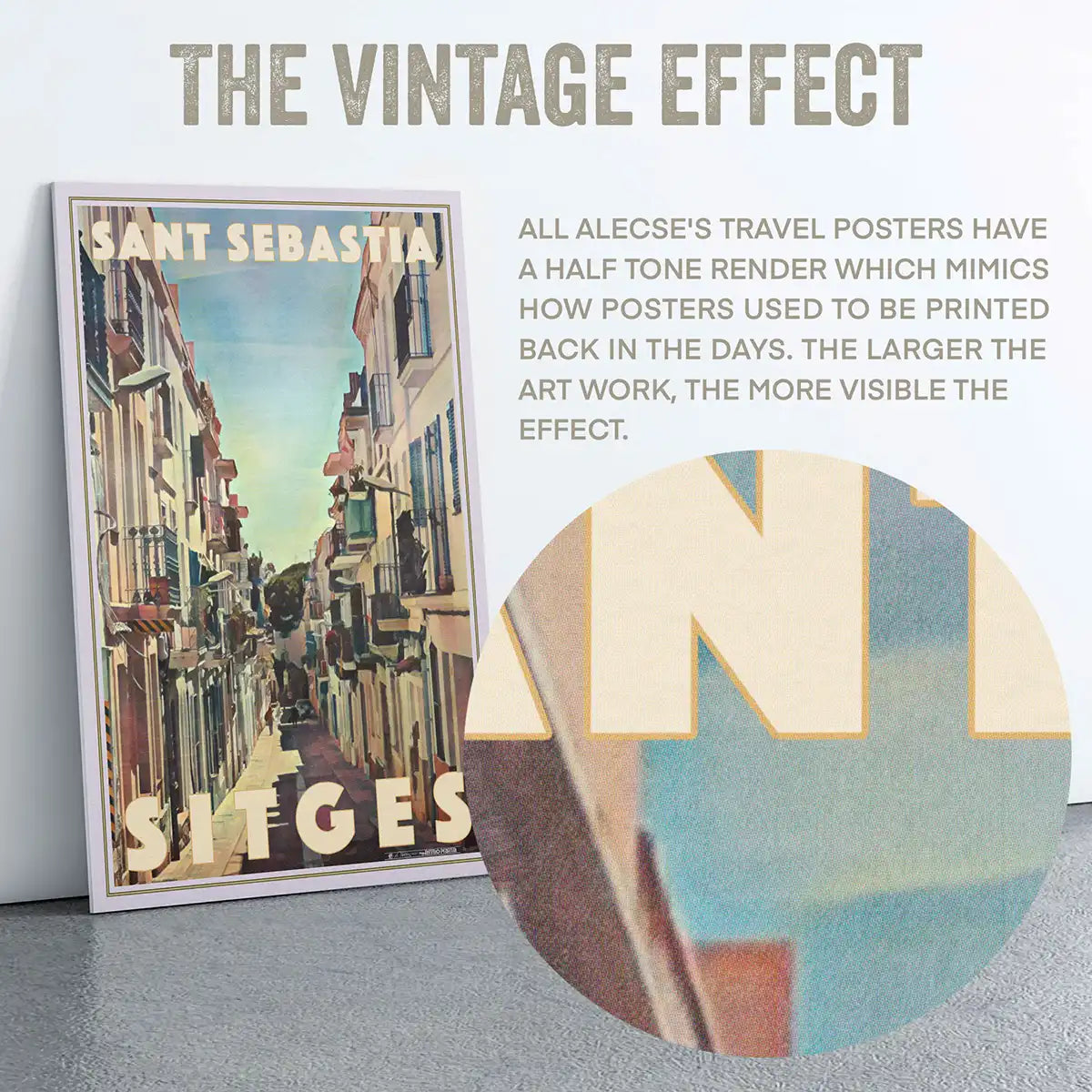 Halftone vintage effect of the Sitges Sant Sebastia Street poster showing retro print grain