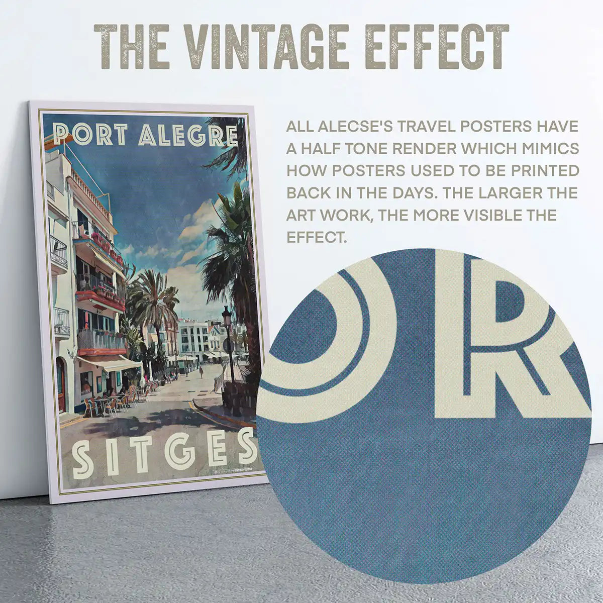 Magnified halftone vintage print effect on Port Alegre Sitges poster by Alecse, showing textured retro rendering
