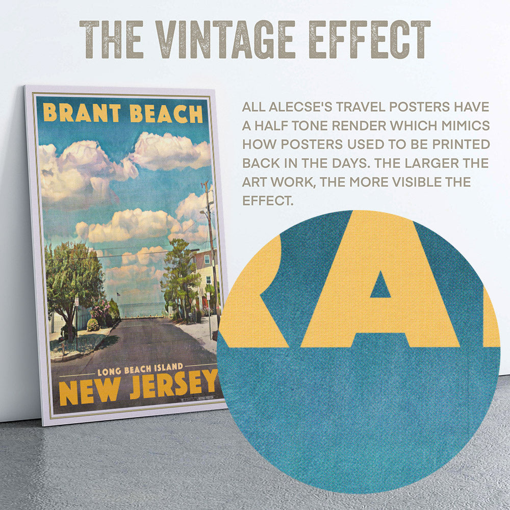 Graphic highlighting the vintage halftone texture of the Brant Beach poster with a zoomed detail inset