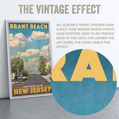 Graphic highlighting the vintage halftone texture of the Brant Beach poster with a zoomed detail inset