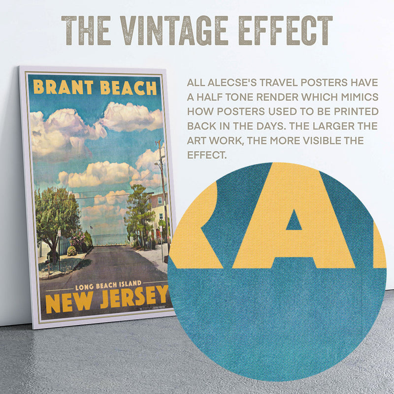 Graphic highlighting the vintage halftone texture of the Brant Beach poster with a zoomed detail inset