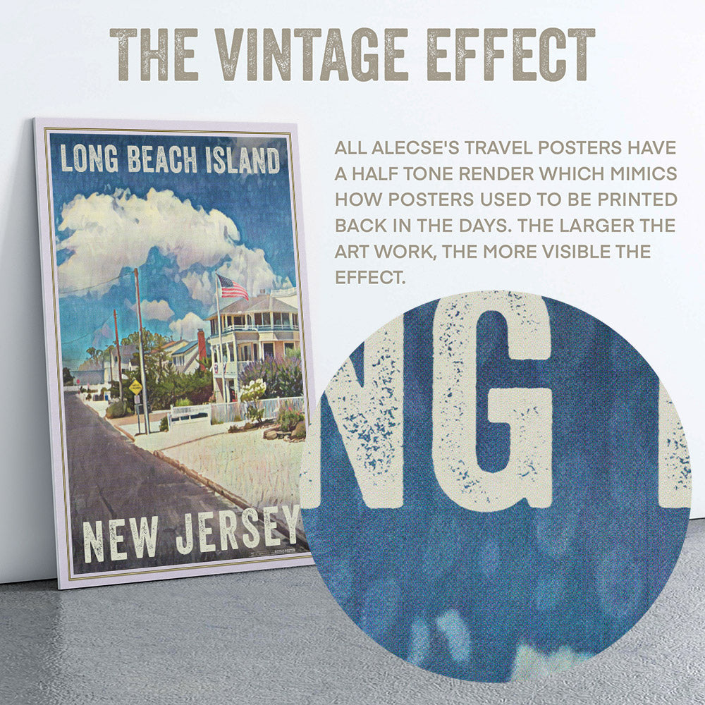 Halftone print effect on ‘New Jersey’ text from Long Beach Island poster – vintage print texture detail