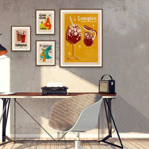 Banner for the 'Spanish Capsule' collection by Cha, featuring Limited Edition Posters with a '60s and '70s vintage-inspired, minimal retro pop art design, highlighting Spanish delicacies and cocktails in vibrant colors, aimed at adding an elegant Spanish touch to interiors
