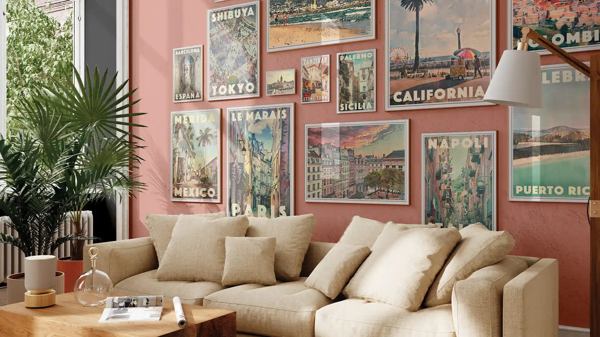 Vintage travel poster gallery wall with retro illustrations by Alecse, featuring destinations like Paris, Tokyo, Barcelona, Santa Monica, and Naples in warm tones, styled in a cozy living room.