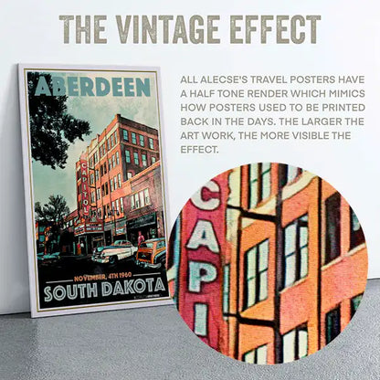A framed travel poster of Aberdeen, South Dakota, displayed on a gray floor against a white wall, with marketing text above and a circular close-up inset showing the printed texture and color treatment.