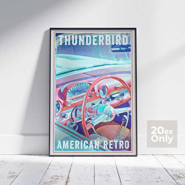 Affiche Thunderbird American Retro en édition collector par Alecse, présentant des effets de demi-teintes vintage pour les amateurs de voitures classiques