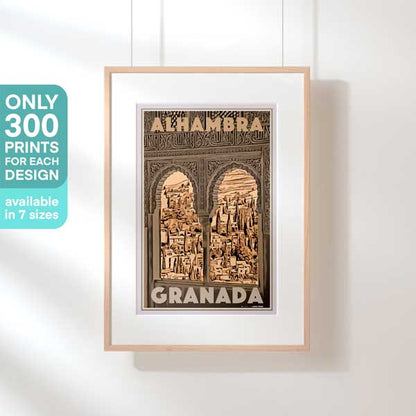 Granada Spain Travel Poster in a hanging frame, highlighting its limited edition of 300 copies.
