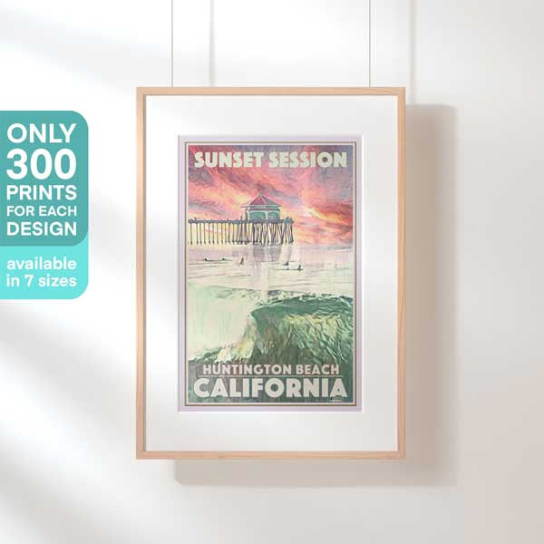 Huntington Beach poster in a hanging frame with text highlighting its 300 copies limited edition status