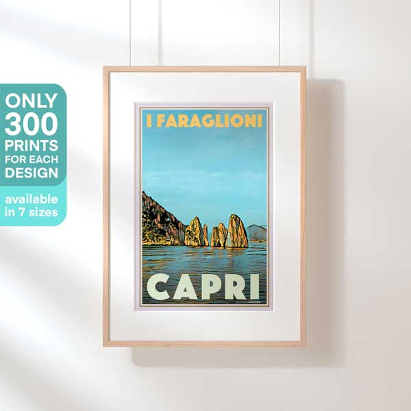 Hanging-frame image of the Capri I Faraglioni travel poster, marked as a limited edition of 300 copies (not numbered)