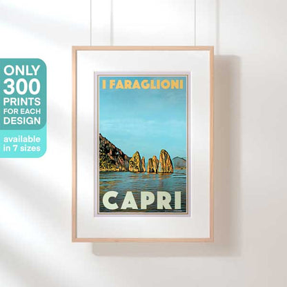 Hanging-frame image of the Capri I Faraglioni travel poster, marked as a limited edition of 300 copies (not numbered)