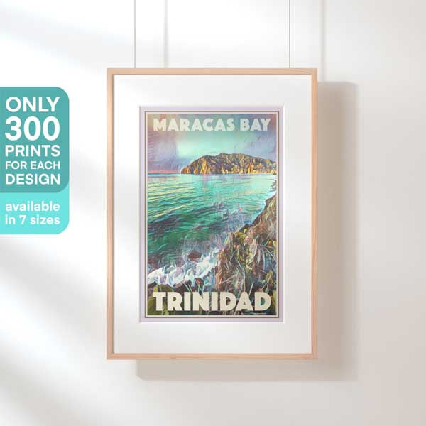 Framed Maracas Bay Trinidad poster, a collectible art piece limited to 300 prints by artist Alecse