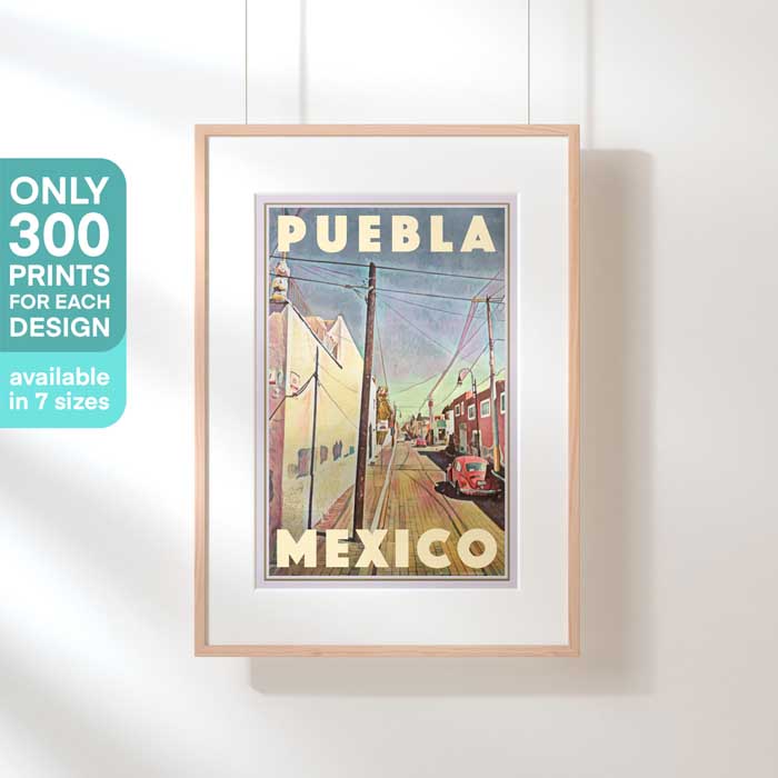 Hanging framed 'Puebla VW Poster,' a limited edition piece capturing the essence of Mexico