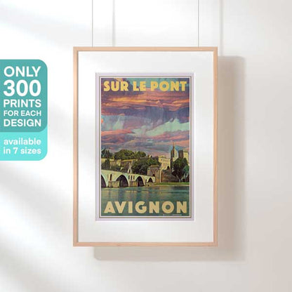 Framed Sur le Pont Avignon Poster – A beautifully framed travel poster featuring the iconic Pont d’Avignon against a vivid sunset sky. Available in 7 sizes, limited to 300 prints