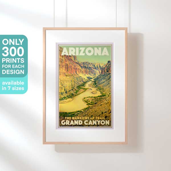 Limited edition Nankoweap Trail Grand Canyon poster by Alecse, framed and featuring a label denoting its exclusive nature