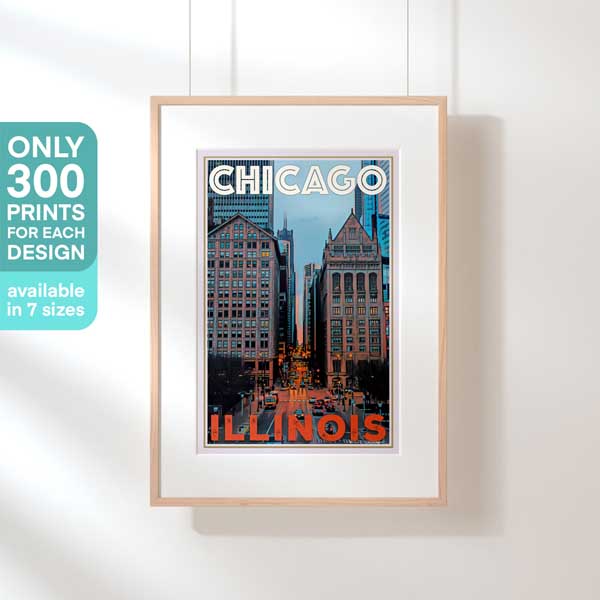 Limited Edition Chicago Cityscape Poster by Alecse, one of 300 copies, displayed in a hanging fram