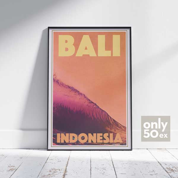 "The Wave" Bali travel poster by Alecse and Luke Cromwell, framed elegantly on a white wooden floor, limited to 50 exclusive pieces
