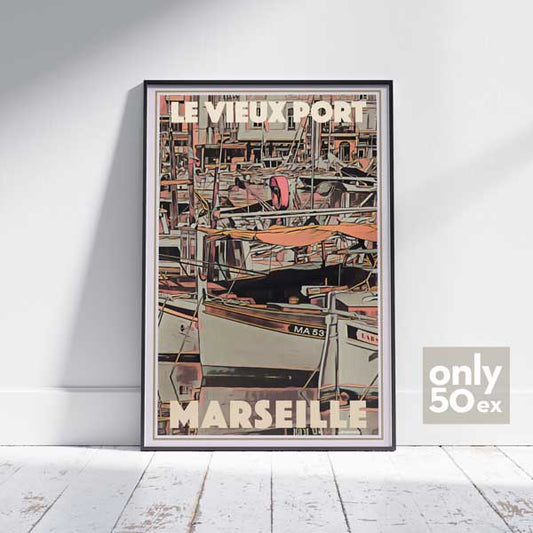 Vieux Port, Marseille" travel poster by Alecse displayed in a frame, showcasing its exclusivity as a collector's edition limited to 50 pieces