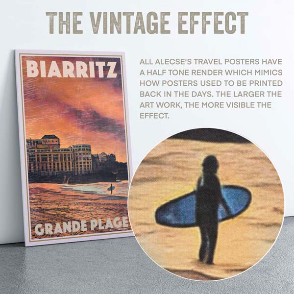 Affiches de voyage avec un rendu vintageÀ propos du rendu en demi-teinte et des effets vintage qui rendent les affiches de voyage d'Alecse vraiment uniques