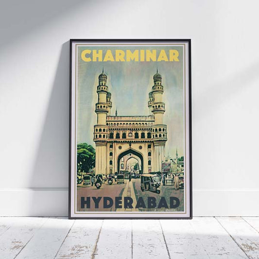 Framed Charminar Hyderabad Travel Poster on white wooden floor – Limited Edition Art