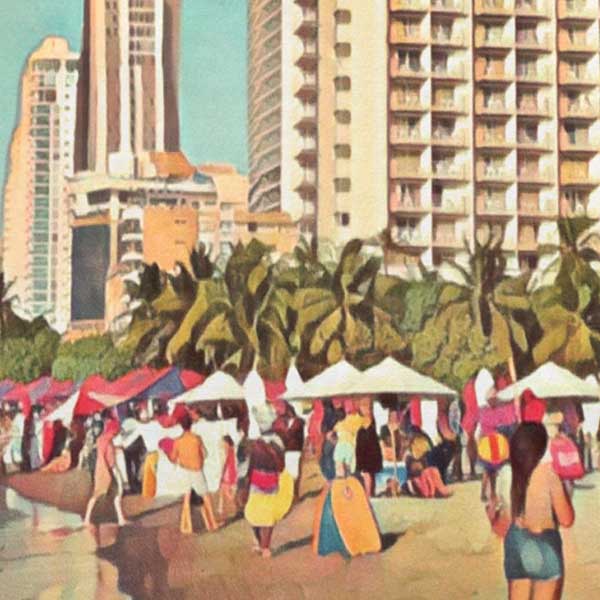 Details of the beach and crowd in the Cartagena poster