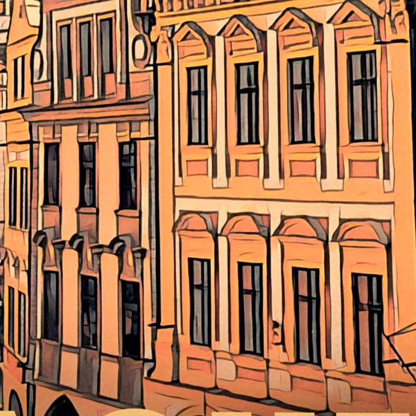 Vue détaillée de l'affiche de Prague d'Alecse, mettant en valeur les flèches et l'architecture de la ville historique