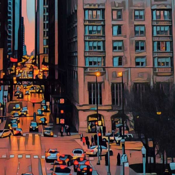 Close-up of Chicago Travel Poster showcasing Alecse's soft focus style capturing Illinois' urban twilight