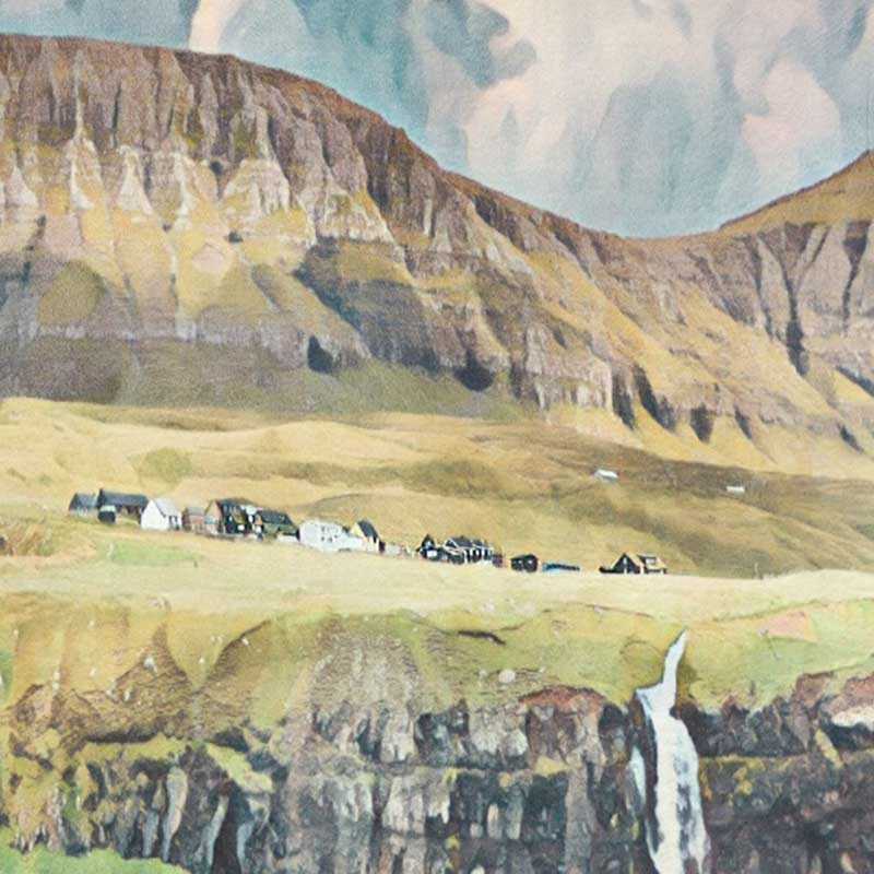 Details of the village up the waterfalls in the Vagar island poster of Faroes