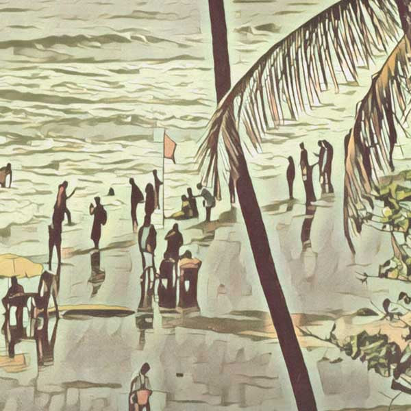 Détails de la plage et de la foule sur l'affiche Vagator de l'État de Goa