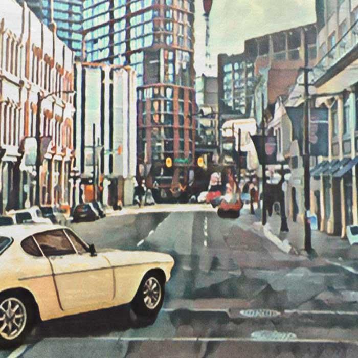 Details of the car and street in the Vancouver poster by Alecse