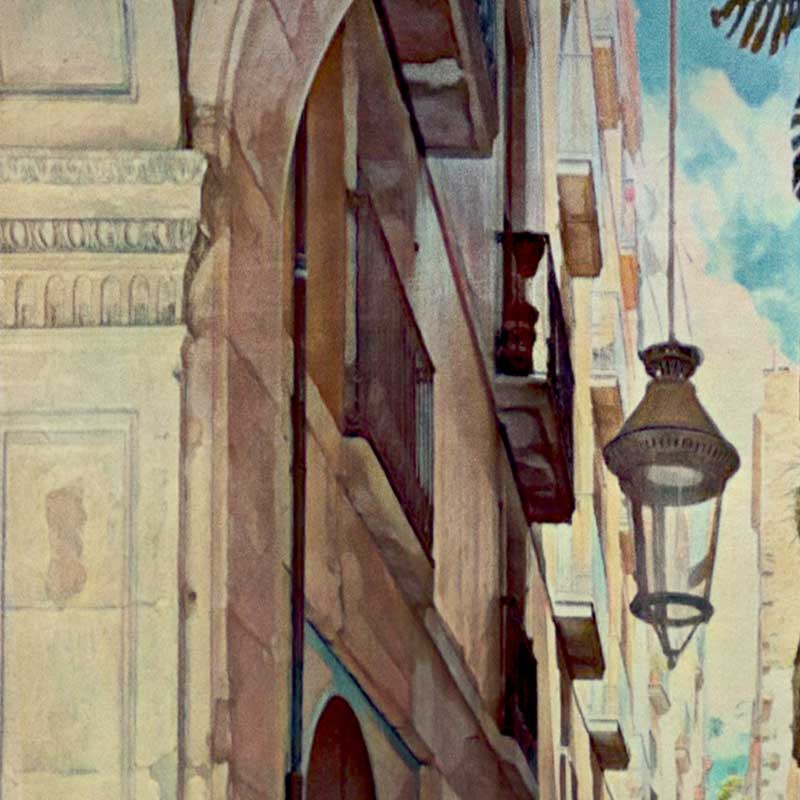 Details of the carrer del Vidre perspective in the Barcelona Travel Poster of Spain