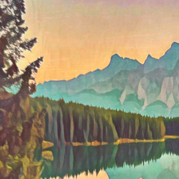 Détails de l'affiche du lac Minnewanka des Rocheuses canadiennes, Alberta