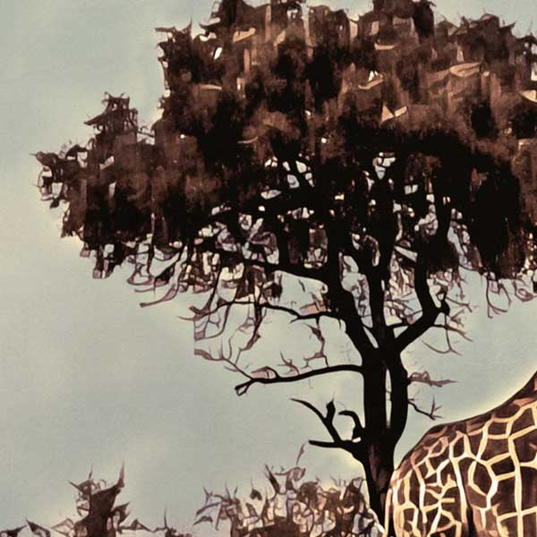 Gros plan de l'affiche Girafe du parc Kruger, détaillant le flou artistique et le style vintage de l'œuvre par Alecse