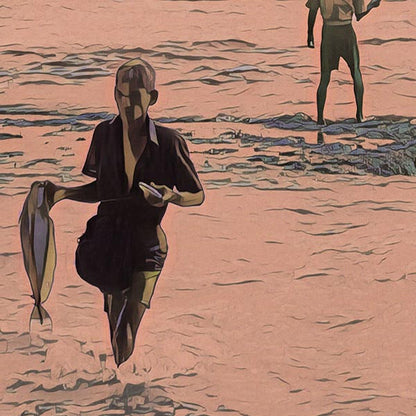 Details of the fisherman in Thalpe Sri Lanka poster by Alecse