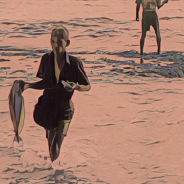 Details of the fisherman in Thalpe Sri Lanka poster by Alecse