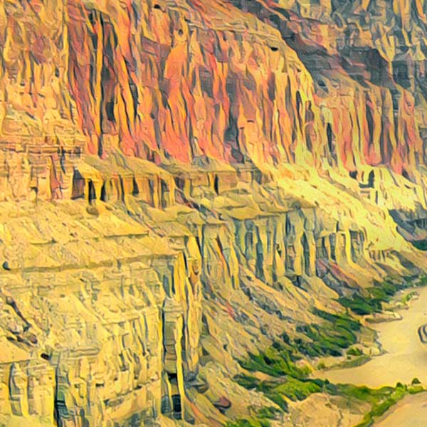 Close-up of Alecse's Nankoweap Trail poster, highlighting the rich textures and colors of the Grand Canyon artwork
