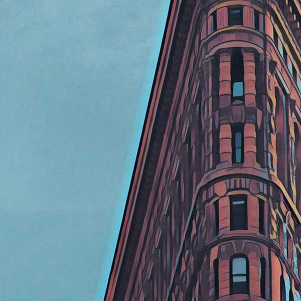 Close-up of New York Flatiron travel poster revealing Alecse's soft focus style