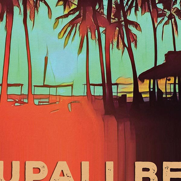 Details of the sun beds and cafe in Upali Beach poster of Arugam Bay