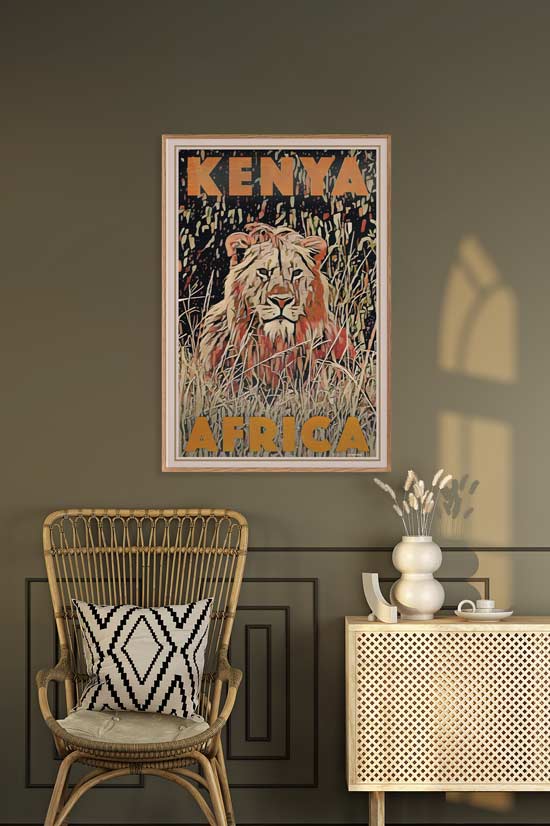 Détails du lion dans l'affiche de voyage d'Alecse au Kenya
