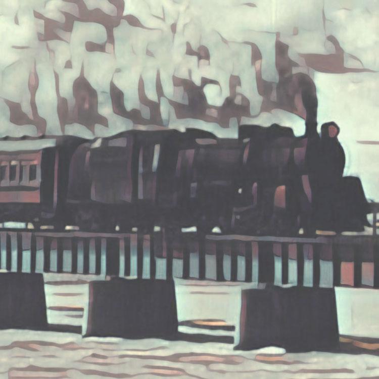 Details of the train in the New Zealand travel poster / Close-up view