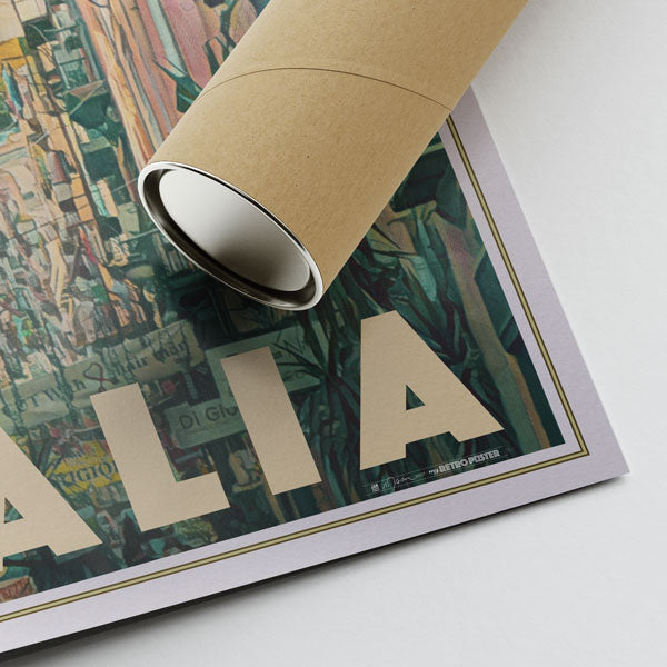 Alecse's signature on Napoli Street poster with sustainable shipping tube in view
