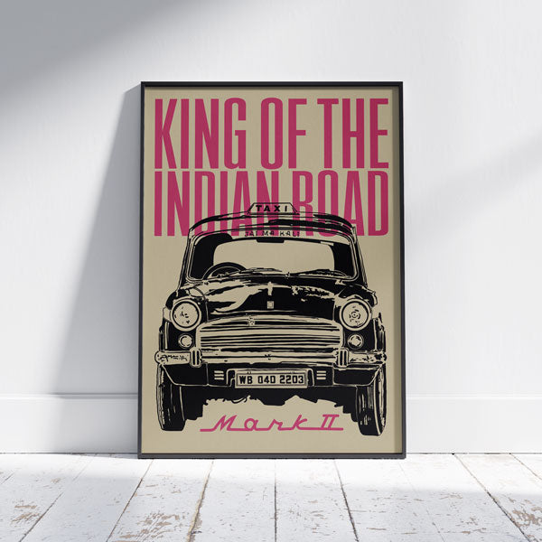 Limited edition poster of the iconic Ambassador taxi, titled 'King of the Indian Road' by Shree for the Great Indian Decor™ collection