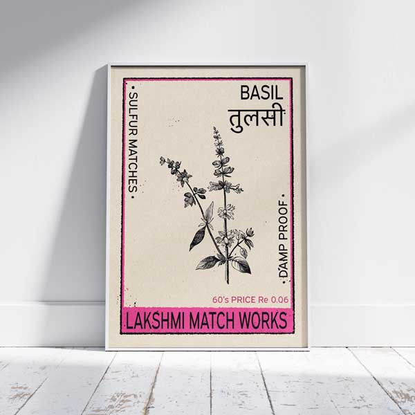Illustrated Basil poster featuring an intricate botanical sketch, Hindi script, and a traditional Indian packaging-style design. Ideal for vintage Indian artwork and home decor.